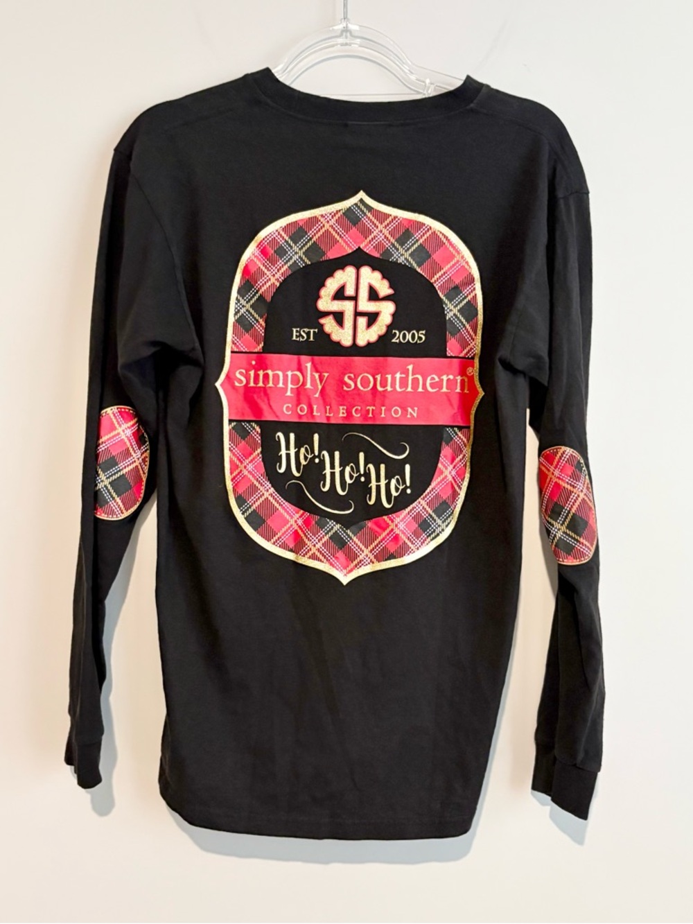 Simply Southern Glitter Christmas Logo‎ Plaid Long Sleeve black red Size medium